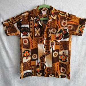 Vintage Hawaiian Shirt Men Sachi’s of Hawaii Brown Orange Batik Floral Size M